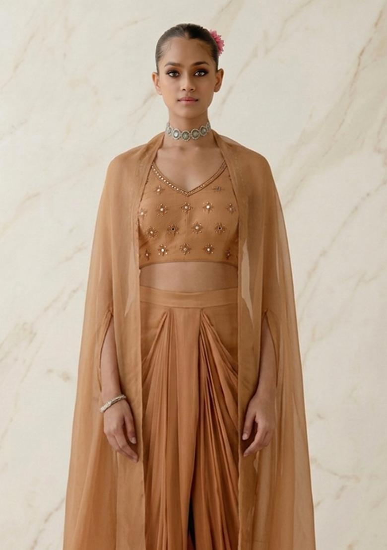 Tan Embroidered Handwork Fusion Set - Indya