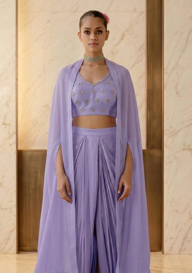 Lavender Embroidered Handwork Fusion Set - Indya