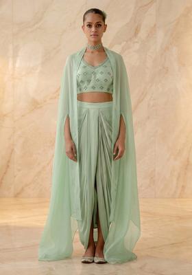 Mint Green Embroidered Handwork Fusion Set