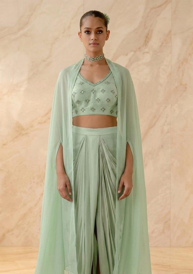 Mint Green Embroidered Handwork Fusion Set - Indya