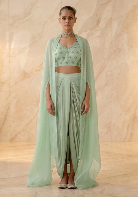 Mint Green Embroidered Handwork Fusion Set
