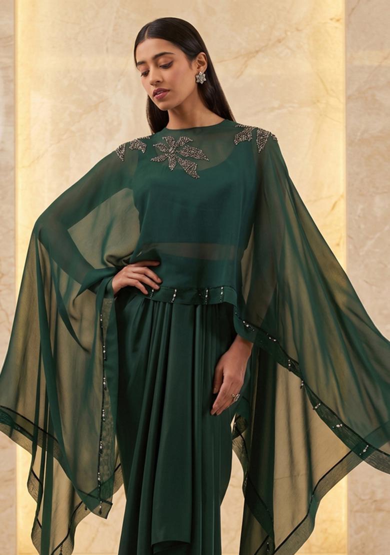 Bottle Green Embroidered Handwork Fusion Set - Indya
