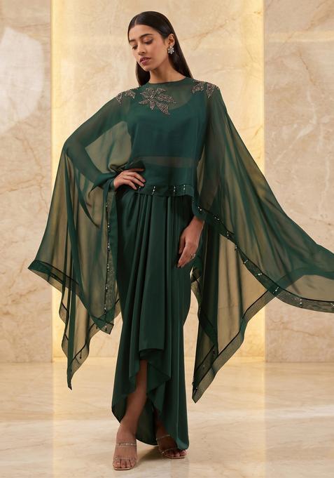 Bottle Green Embroidered Handwork Fusion Set