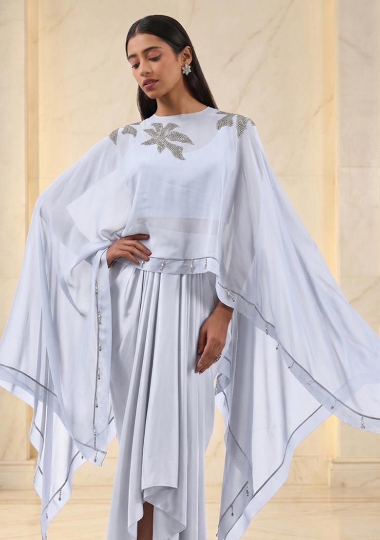 Lucent White Embroidered Handwork Fusion Set - Indya