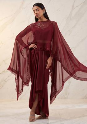Maroon Embroidered Handwork Fusion Set