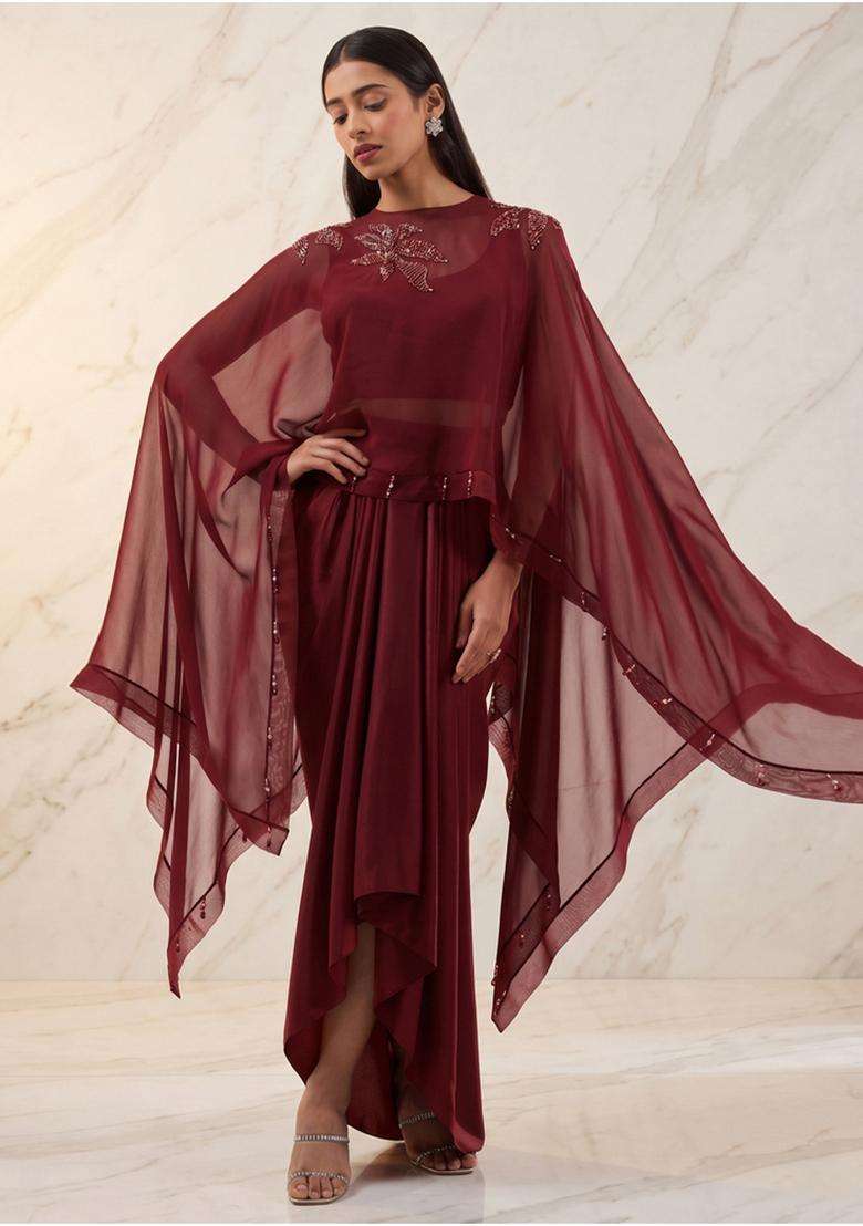 Maroon Embroidered Handwork Fusion Set - Indya
