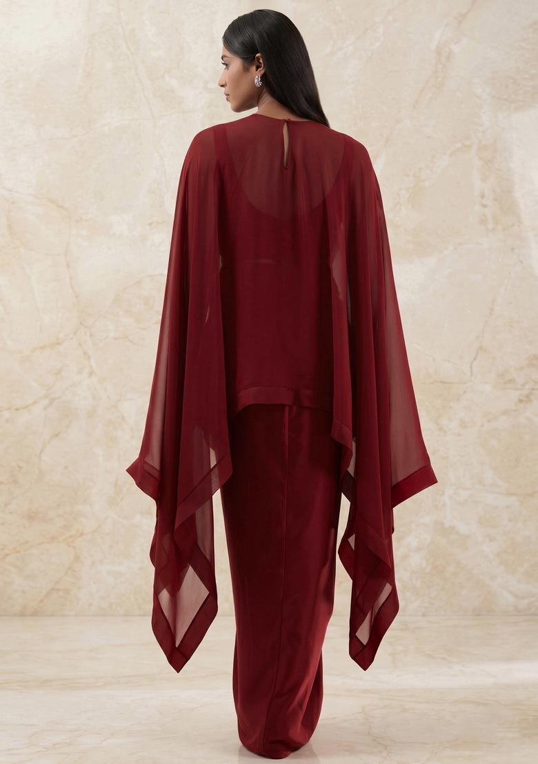 Maroon Embroidered Handwork Fusion Set - Indya
