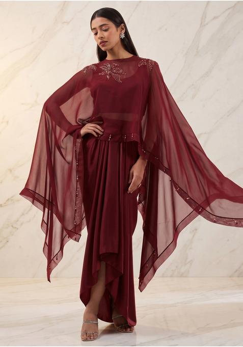 Maroon Embroidered Handwork Fusion Set