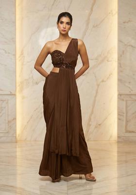 Chocolate Brown Embroidered Handwork Fusion Set