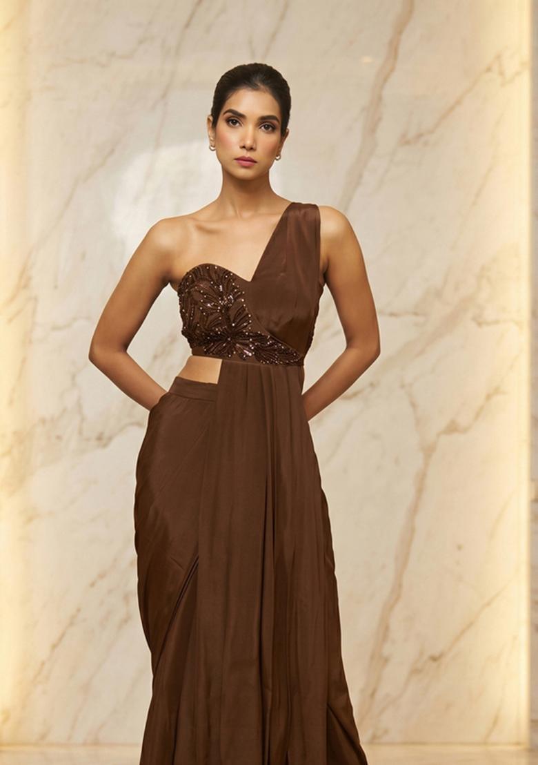 Chocolate Brown Embroidered Handwork Fusion Set - Indya