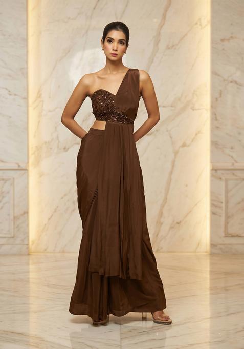Chocolate Brown Embroidered Handwork Fusion Set