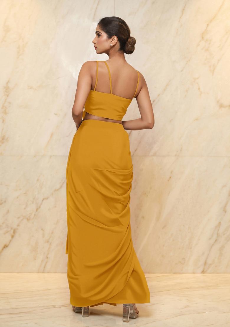 Butter Yellow Embroidered Handwork Pre Draped Saree Set - Indya