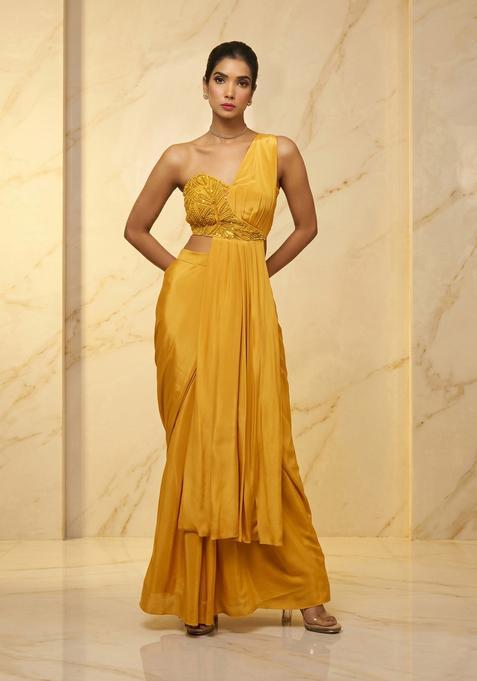 Butter Yellow Embroidered Handwork Pre Draped Saree Set