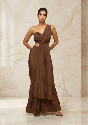 Brown Embroidered Handwork Fusion Set