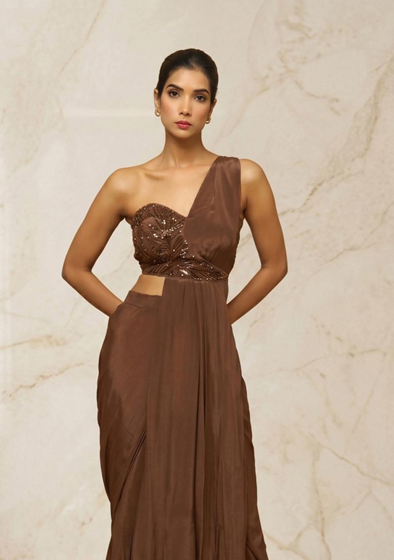 Brown Embroidered Handwork Fusion Set - Indya