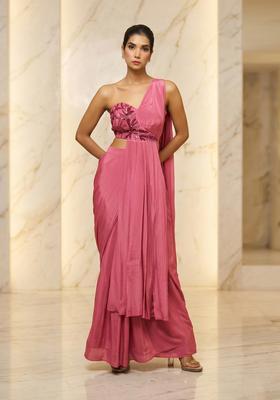 Pink Embroidered Handwork Pre Draped Saree Set