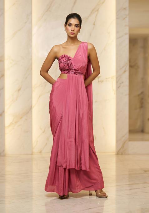Pink Embroidered Handwork Pre Draped Saree Set