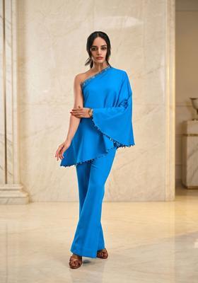 Bright Blue Embroidered Handwork Fusion Set