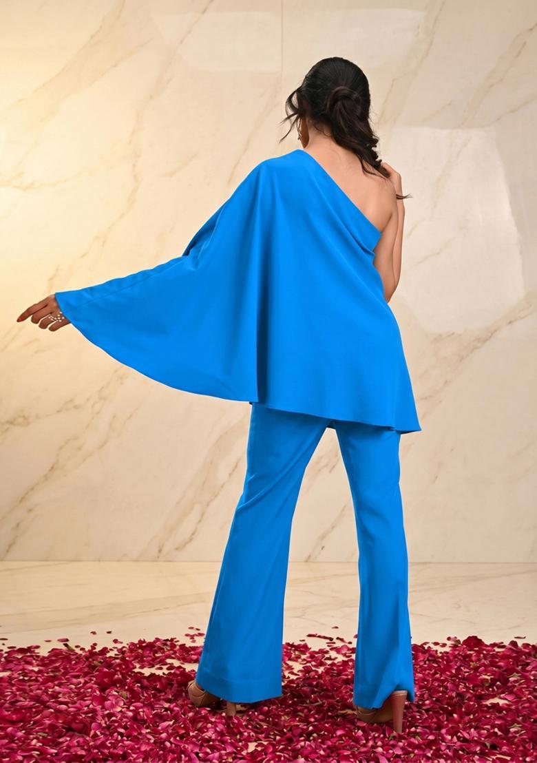 Bright Blue Embroidered Handwork Fusion Set - Indya
