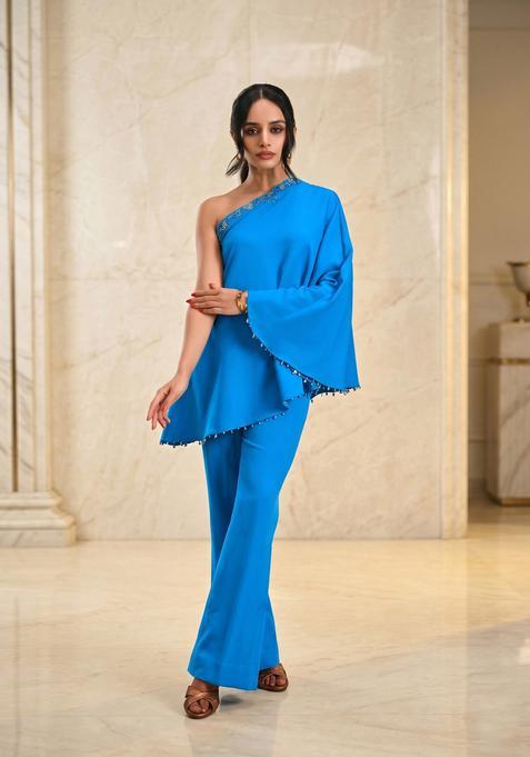 Bright Blue Embroidered Handwork Fusion Set
