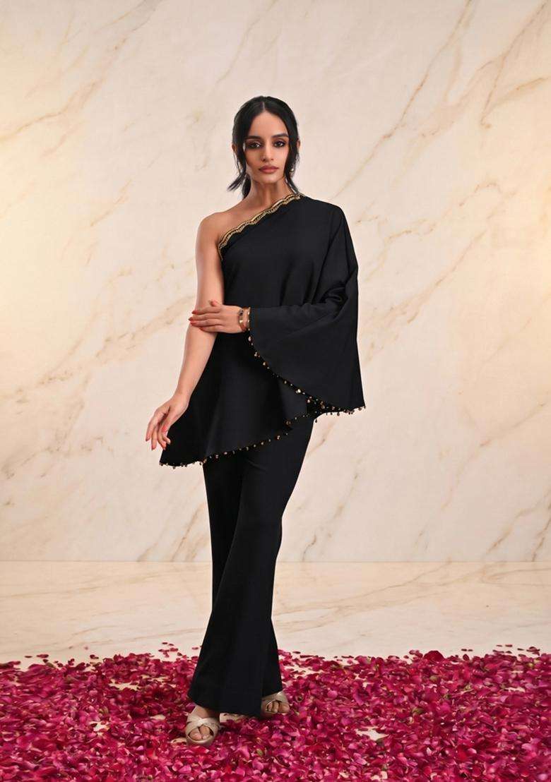 Black Embroidered Handwork Fusion Set - Indya