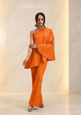 Orange Embroidered Handwork Fusion Set