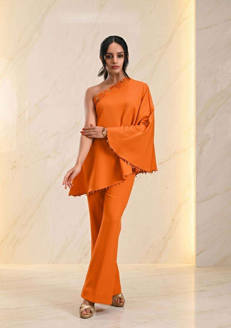 Orange Embroidered Handwork Fusion Set - Indya
