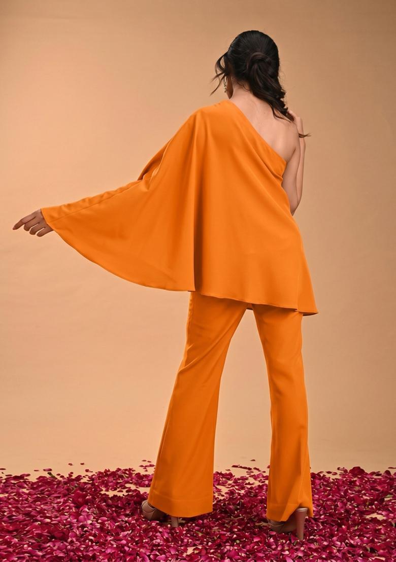 Orange Embroidered Handwork Fusion Set - Indya