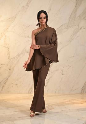 Chocolate Brown Embroidered Handwork Fusion Set