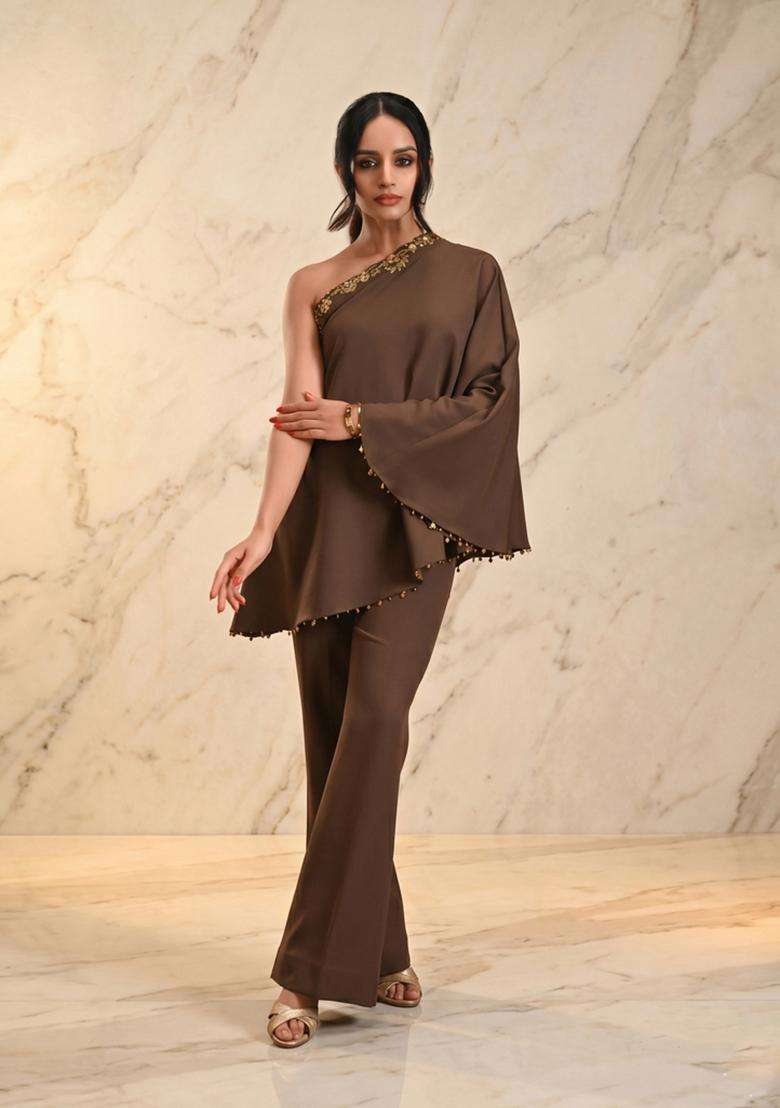 Chocolate Brown Embroidered Handwork Fusion Set - Indya