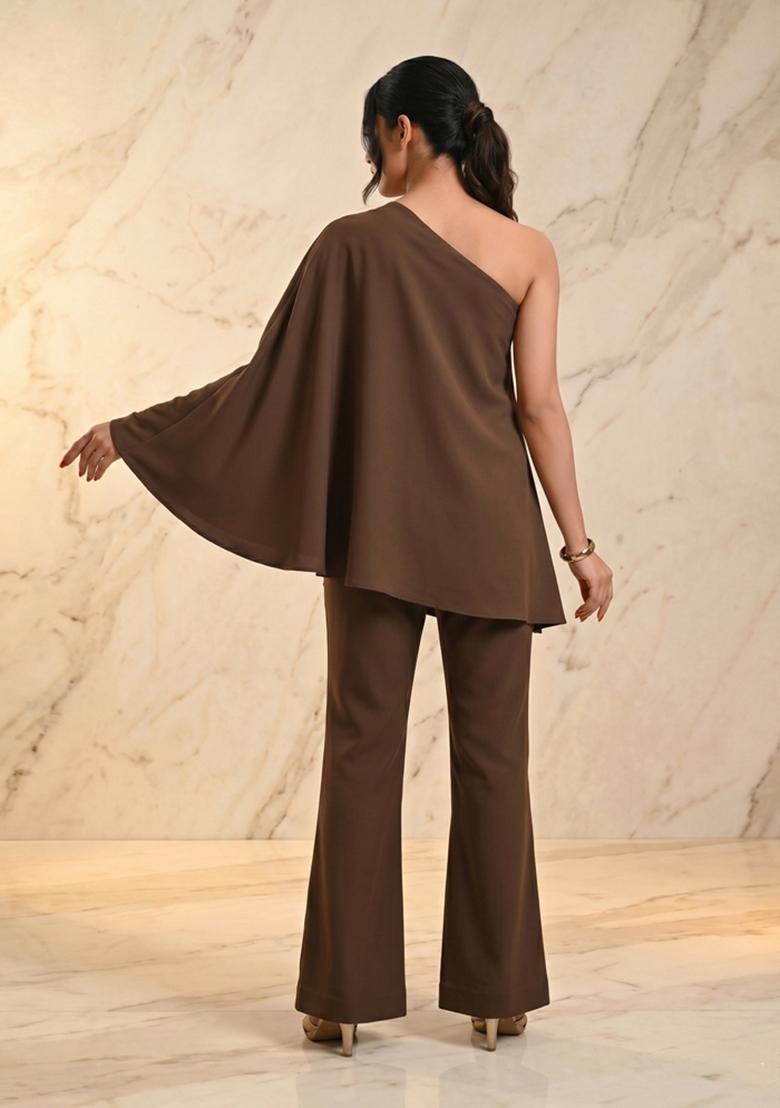 Chocolate Brown Embroidered Handwork Fusion Set - Indya