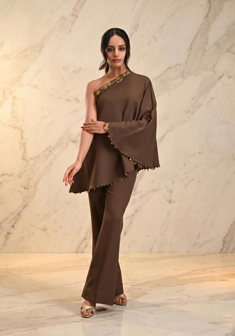 Chocolate Brown Embroidered Handwork Fusion Set