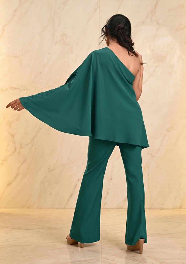 Bottle Green Embroidered Handwork Fusion Set - Indya