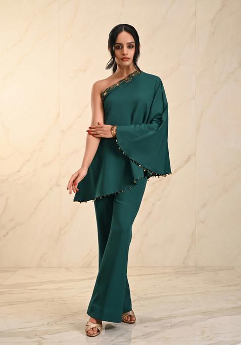 Bottle Green Embroidered Handwork Fusion Set