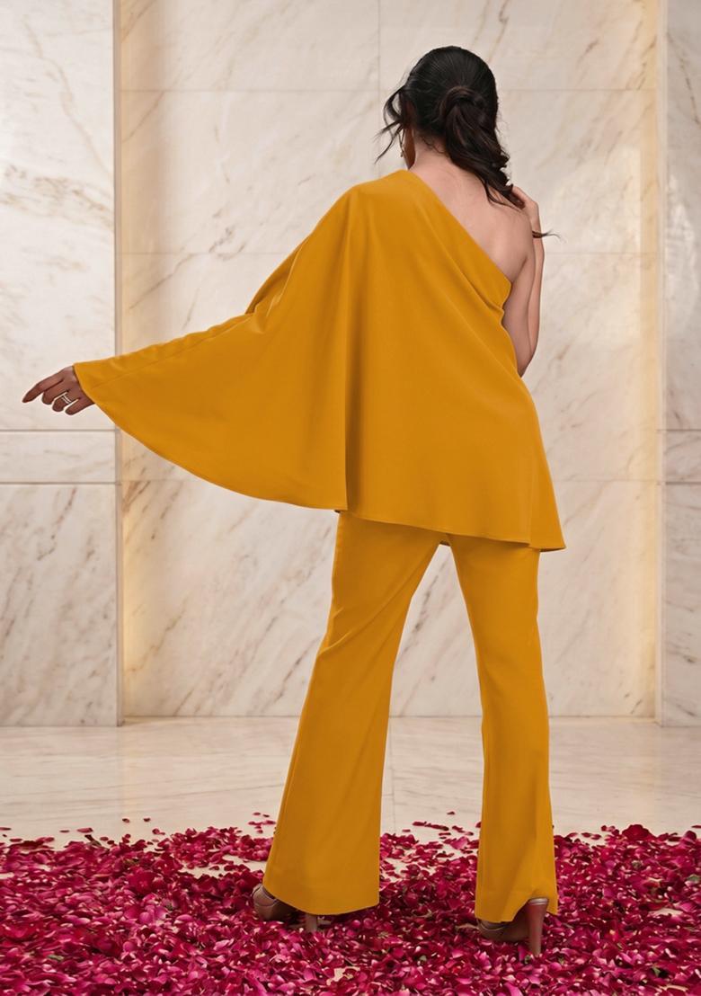 Gold Yellow Embroidered Handwork Fusion Set - Indya