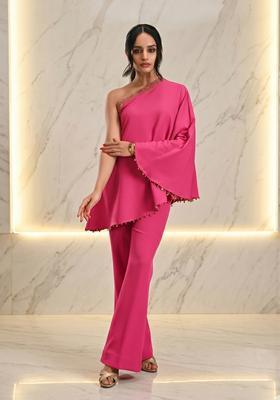 Hot Pink Embroidered Handwork Fusion Set