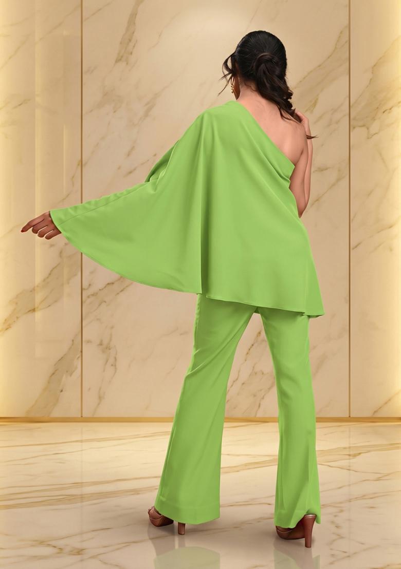 Lime Green Embroidered Handwork Fusion Set - Indya