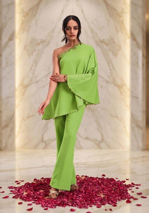 Lime Green Embroidered Handwork Fusion Set