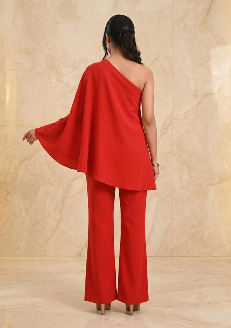 Red Orange Embroidered Handwork Fusion Set - Indya