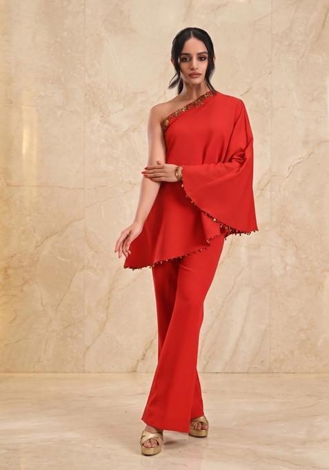 Red Orange Embroidered Handwork Fusion Set