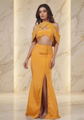 Mustard Embroidered Handwork Fusion Set