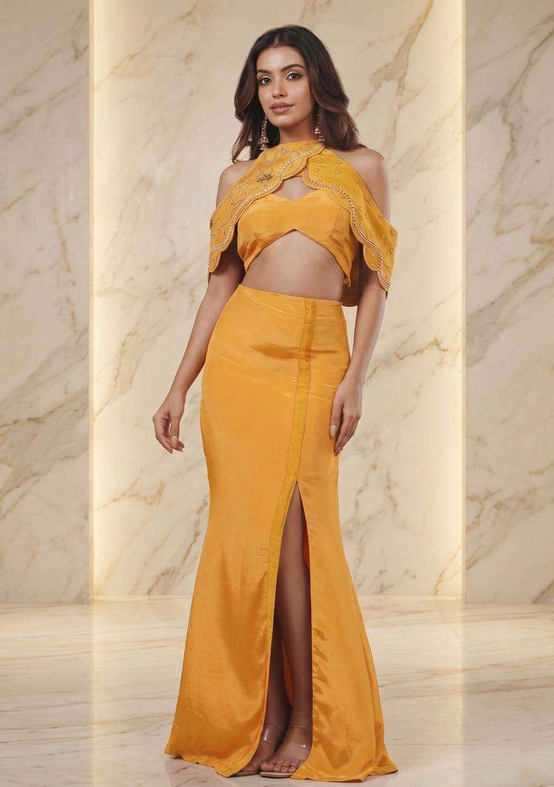 Mustard Embroidered Handwork Fusion Set - Indya