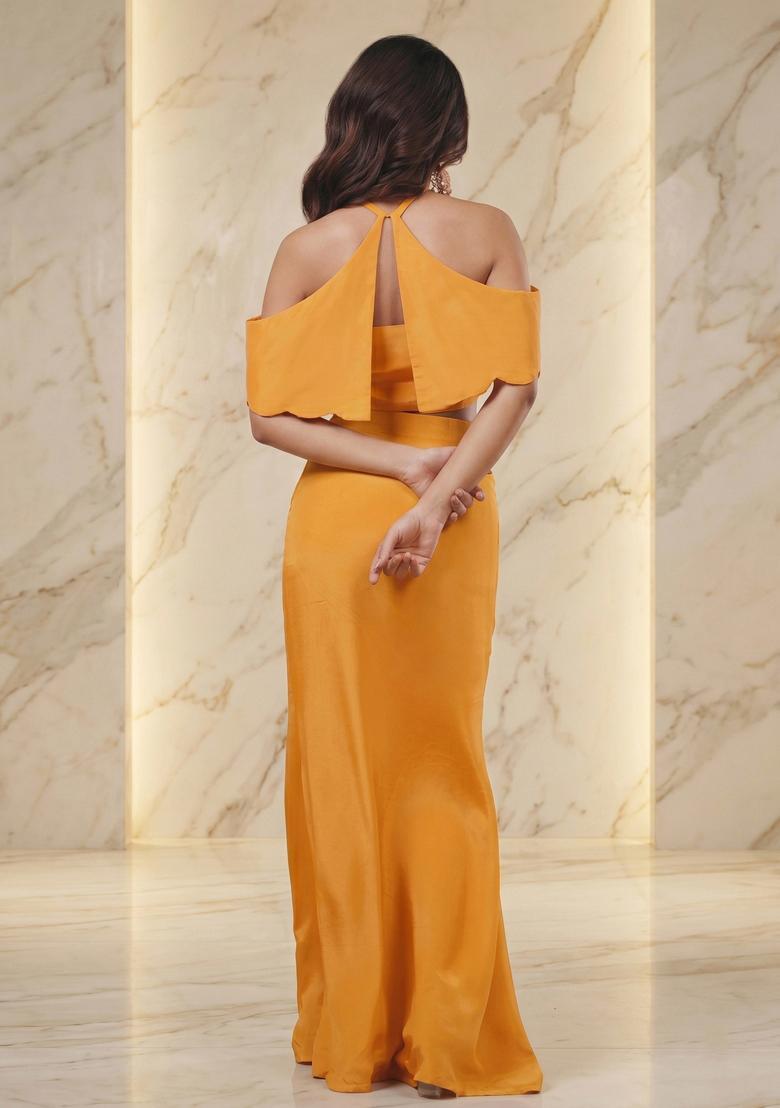 Mustard Embroidered Handwork Fusion Set - Indya