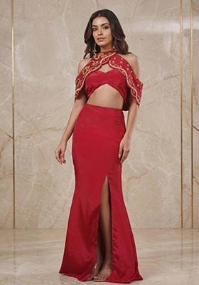 Blood Red Embroidered Handwork Fusion Set