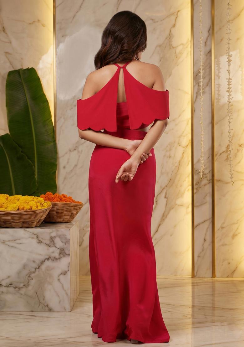 Blood Red Embroidered Handwork Fusion Set - Indya