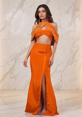 Orange Embroidered Handwork Fusion Set