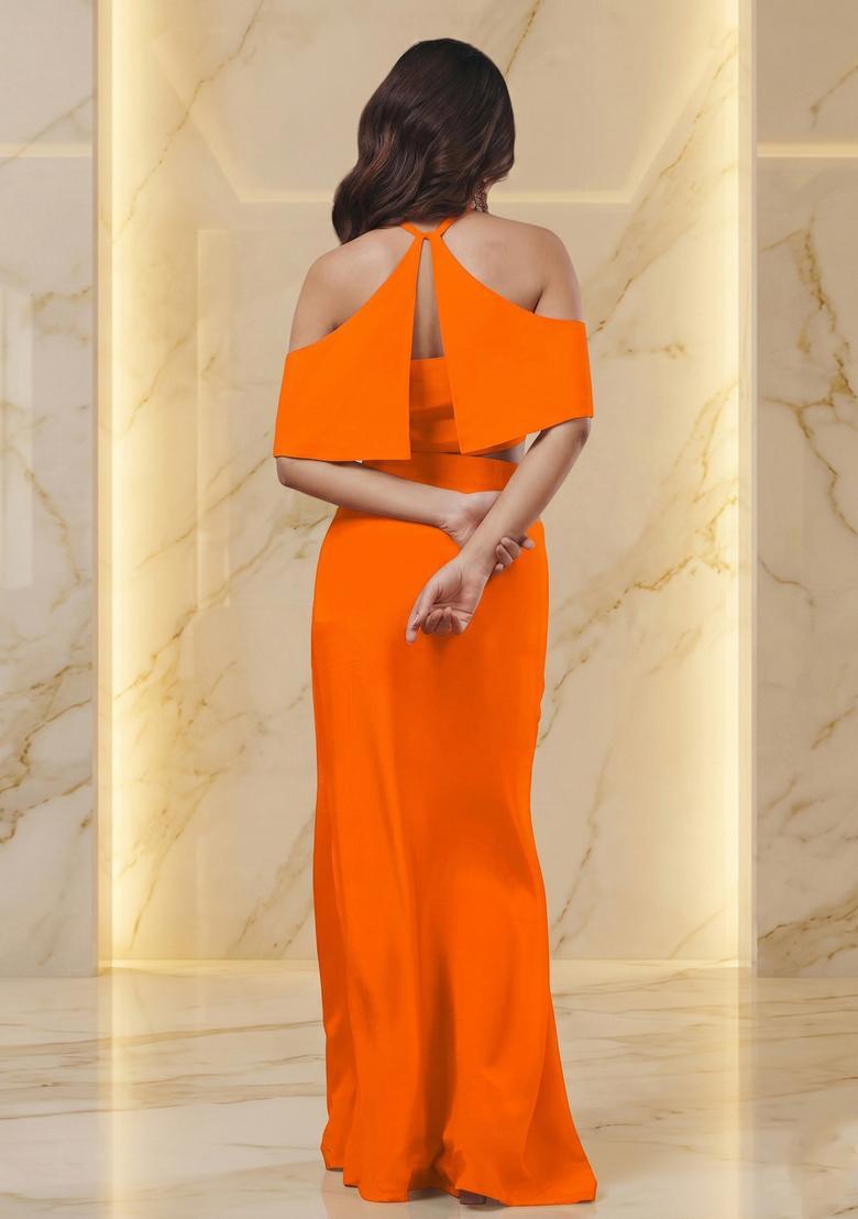 Orange Embroidered Handwork Fusion Set - Indya