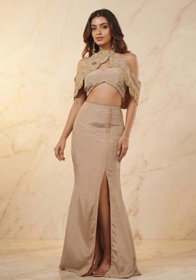 Beige Embroidered Handwork Fusion Set