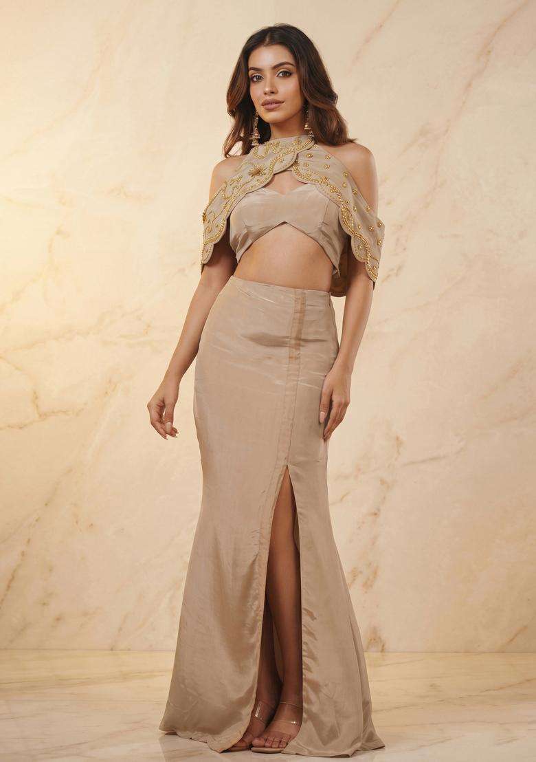 Beige Embroidered Handwork Fusion Set - Indya