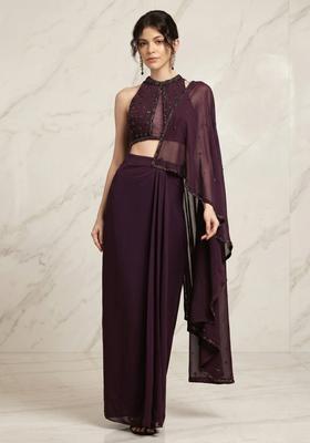 Dark Purple Embroidered Handwork Pre Draped Saree Set